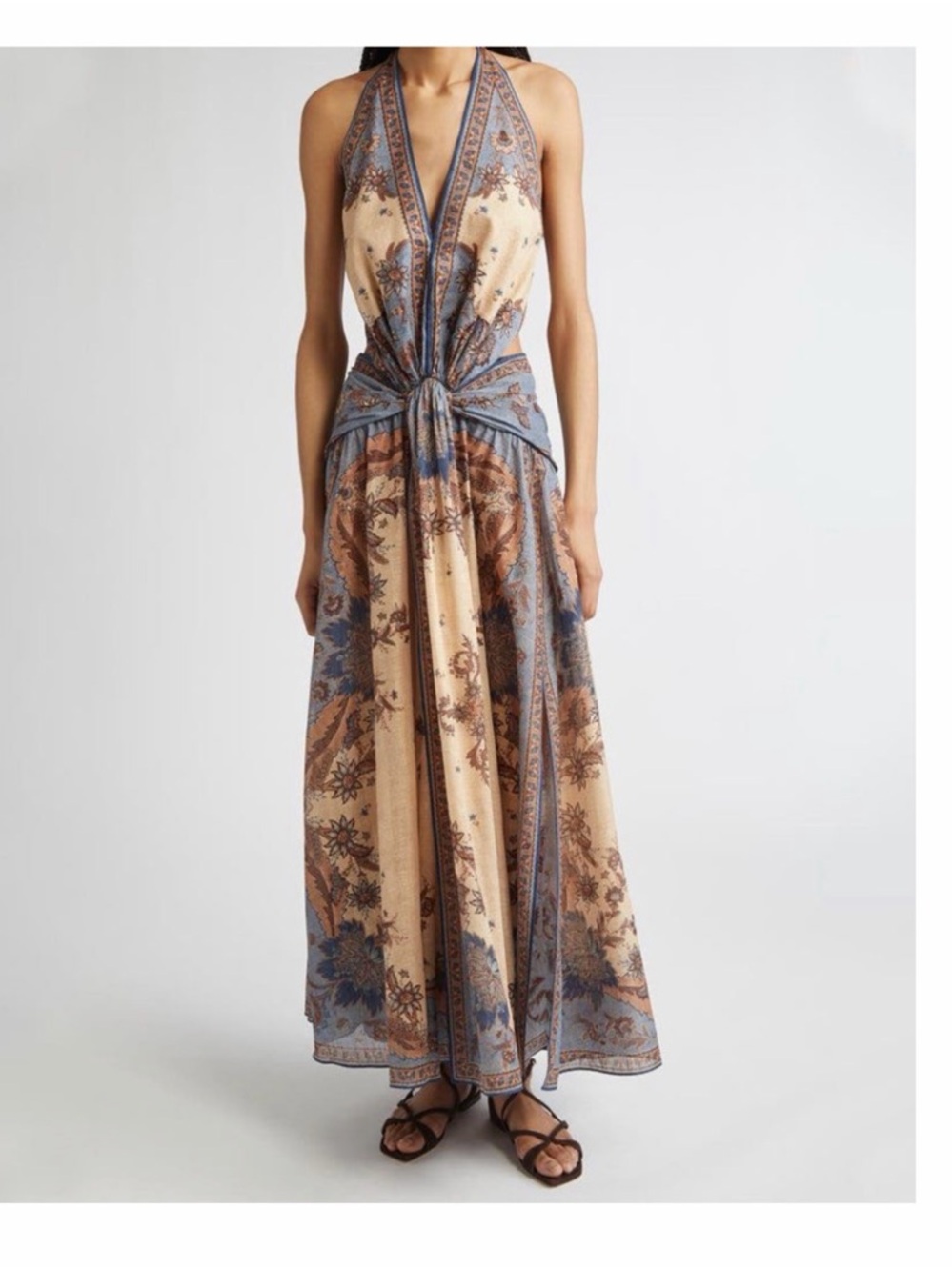 Bohemian Halter Tie-Front Maxi Dress in Beige and Blue